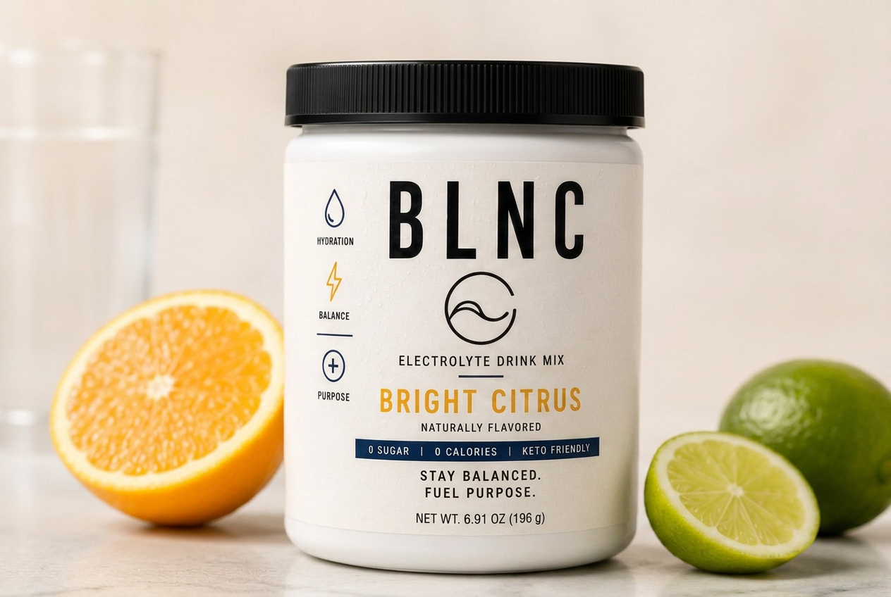 BLNC electrolyte jar with fresh citrus, Bright Citrus and Cherry Limeade, 6.91 oz.