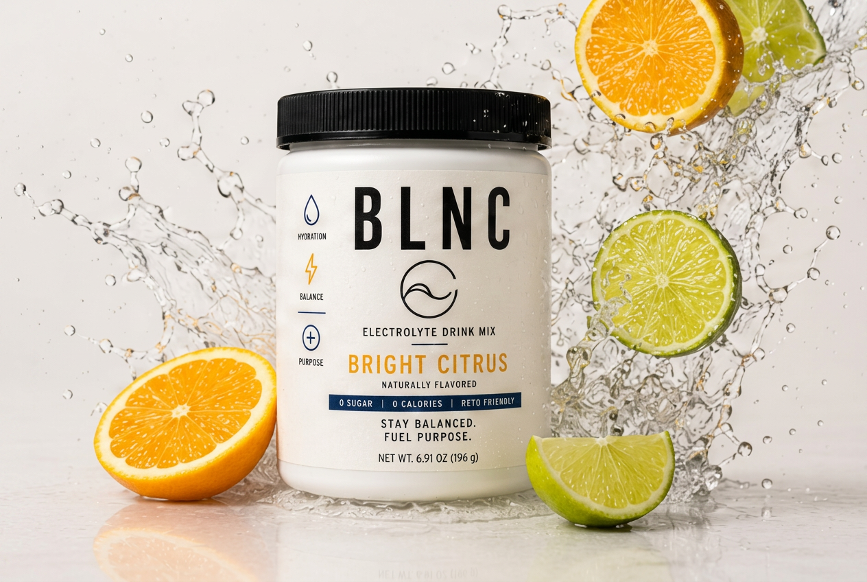 BLNC jar with a burst of water, orange, and lime around it.