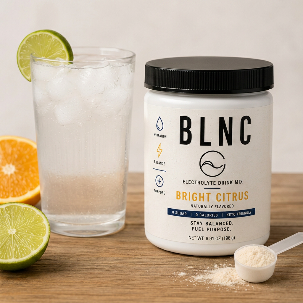 A tall glass of ice water beside the BLNC jar and a measured scoop.